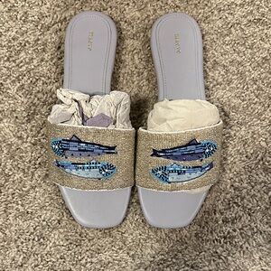 Anthropologie Silver and Blue Embellished Mules